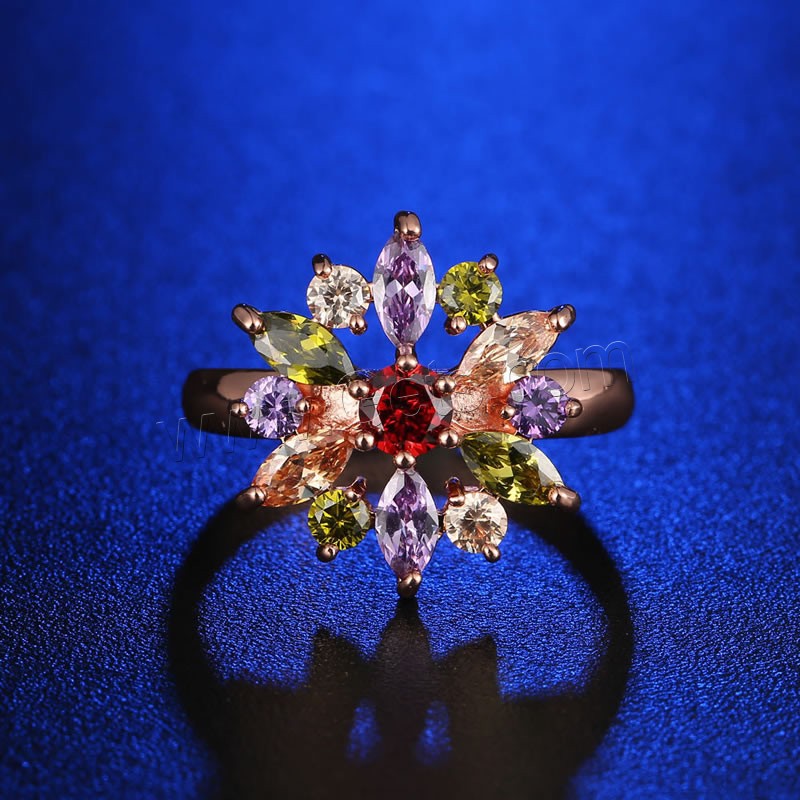 Цирконий Micro Pave Латунь палец кольцо, Форма цветка, плакирование настоящим розовым золотом, разный размер для выбора & инкрустированное микро кубического циркония & Женский, продается PC