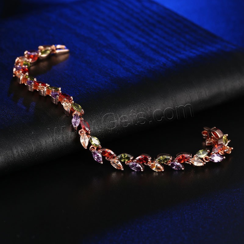 Cubic Zirconia Micro Pave Brass Bracelet, Leaf, real rose gold plated, different length for choice & micro pave cubic zirconia & for woman, 6mm, Sold By Strand
