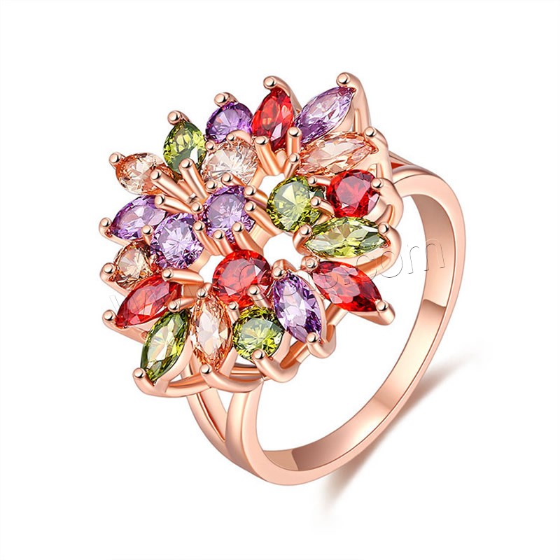 Zircon pavent l'anneau en laiton de doigt, fleur, Plaqué d'or rose, normes différentes pour le choix & pavé de micro zircon & pour femme, Vendu par PC