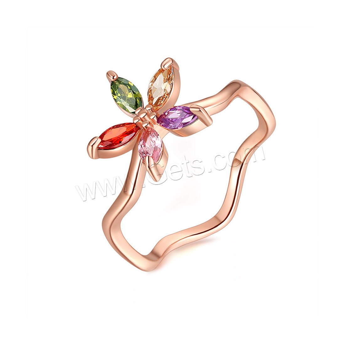Zircon pavent l'anneau en laiton de doigt, fleur, Plaqué d'or rose, normes différentes pour le choix & pavé de micro zircon & pour femme, Vendu par PC