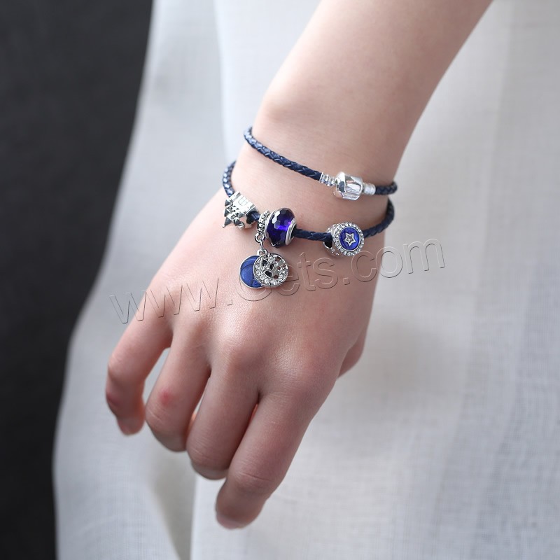 Unisex Bracelet, Zinc Alloy, with Waxed Linen Cord & Crystal, antique silver color plated, with 925 logo & different length for choice & enamel & with rhinestone & 2-strand, lead & cadmium free, Sold By Strand