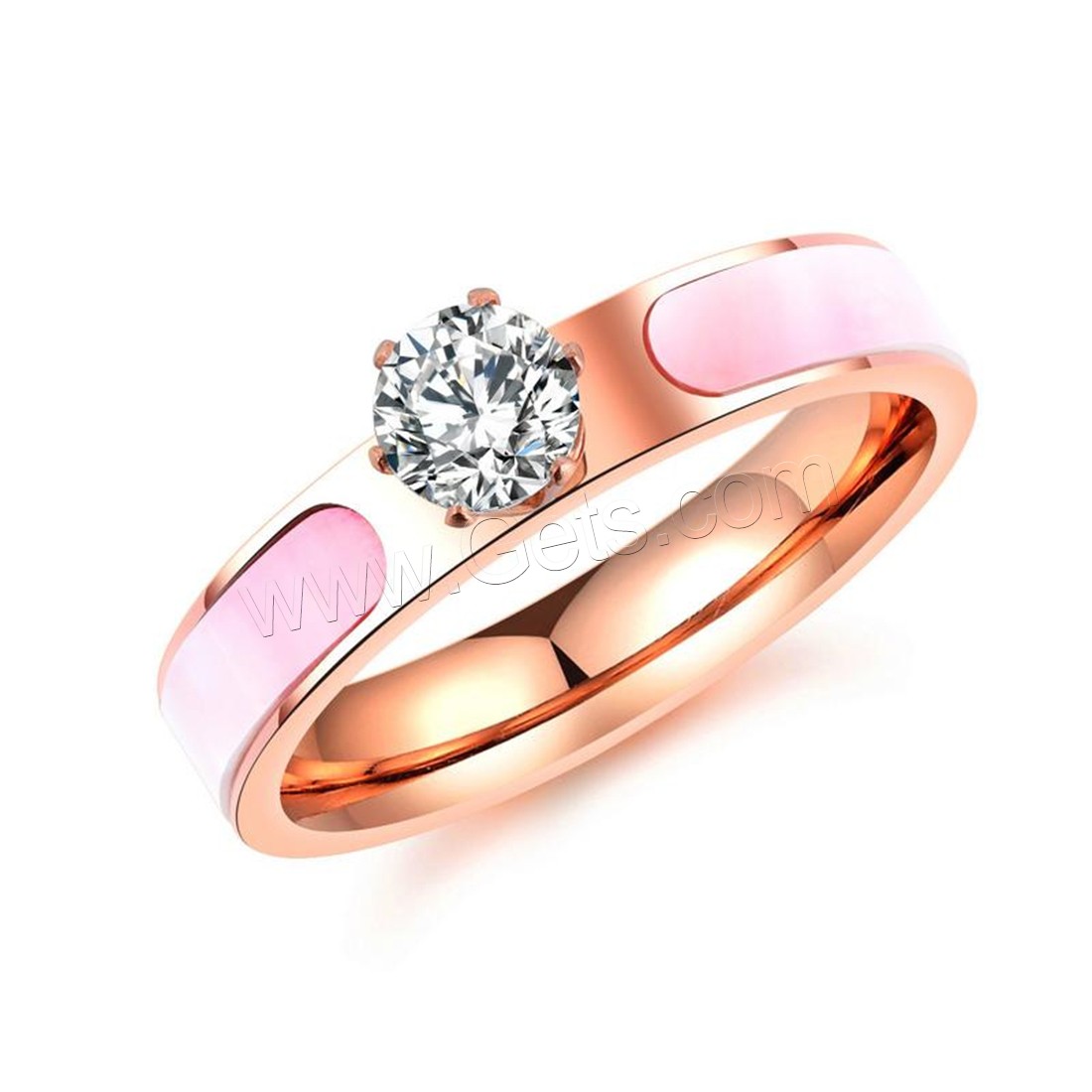 Stainless Steel Finger Ring, 316 Stainless Steel, with Pink Shell, rose gold color plated, different size for choice & micro pave cubic zirconia & for woman, 4mm, Sold By PC