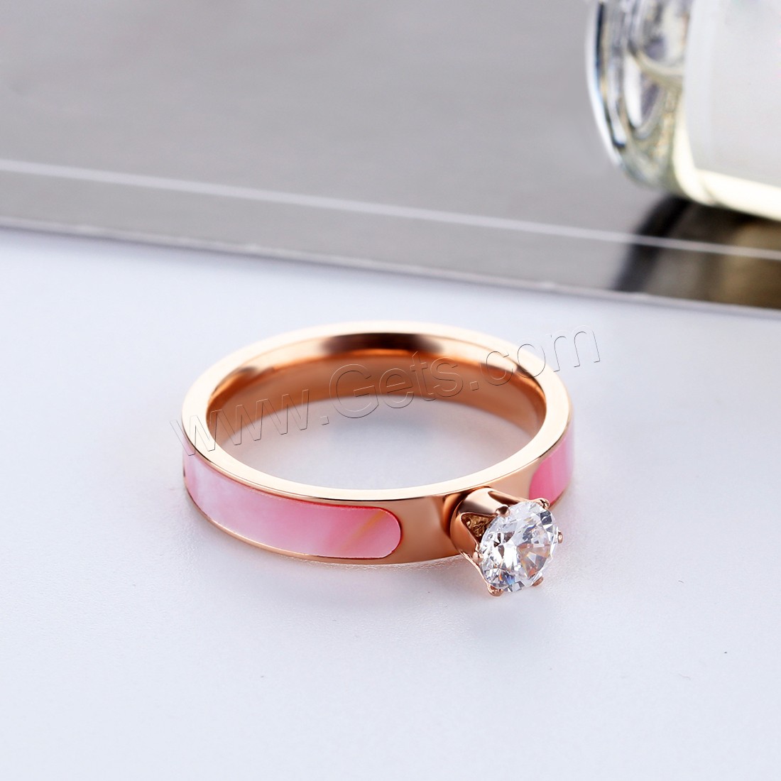 Stainless Steel Finger Ring, 316 Stainless Steel, with Pink Shell, rose gold color plated, different size for choice & micro pave cubic zirconia & for woman, 4mm, Sold By PC
