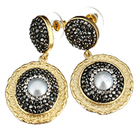 Rhinestone Brass Drop Earring, with rubber earnut & Rhinestone Clay Pave & Glass Pearl, Flat Round, gold color plated, for woman, 42mm 45mm 