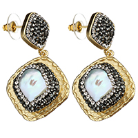 Rhinestone Brass Drop Earring, with rubber earnut & Rhinestone Clay Pave & White Shell, Rhombus, gold color plated, for woman, 47mm 