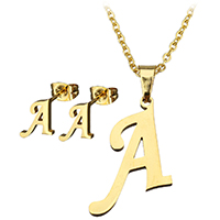 Fashion Stainless Steel Jewelry Sets, earring & necklace, Letter, gold color plated, letters are from A to Z & oval chain & for woman, 7-18x17-22mm, 4-11x7-10mm, 2mm Approx 18 Inch 