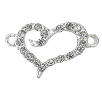 Rhinestone Zinc Alloy Connector, Heart, silver color plated, with rhinestone & 1/1 loop Approx 2mm 