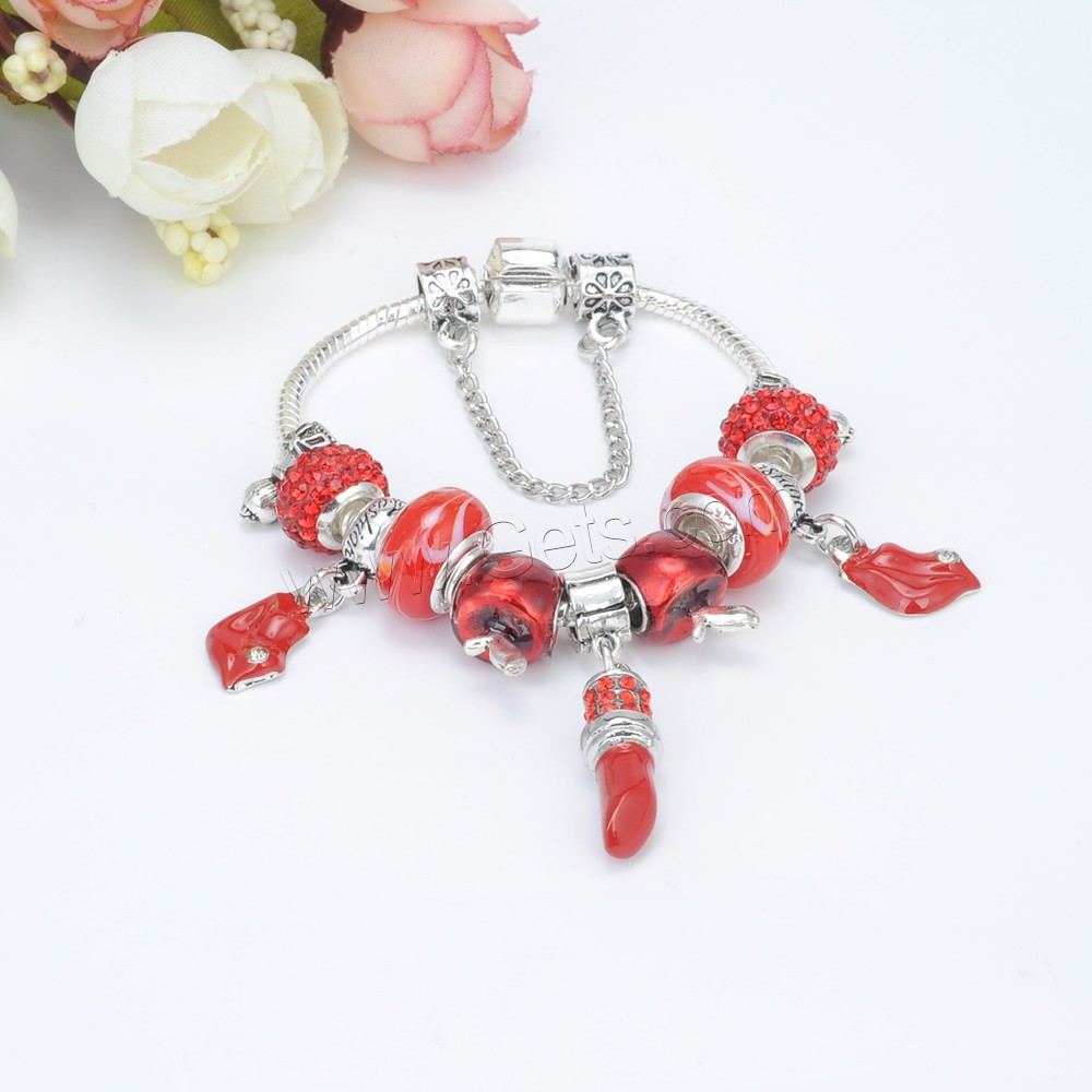 Zinc Alloy European Bracelets, with brass chain & Rhinestone Clay Pave & Lampwork, plated, different length for choice & for woman & enamel & with rhinestone, lead & cadmium free, Sold By Strand