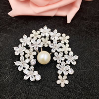 Freshwater Pearl Brooch, Brass, with Freshwater Pearl, Flower, platinum plated, micro pave cubic zirconia & for woman 