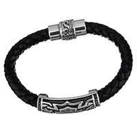 Men Bracelet, Stainless Steel, with cowhide cord, braided bracelet & with letter pattern & for man & blacken  8.5mm Approx 9 Inch 