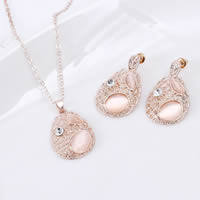 Rhinestone Zinc Alloy Jewelry Set, earring & necklace, with Cats Eye, stainless steel post pin, with 5cm extender chain, Teardrop, gold color plated, for woman & with rhinestone, gold Approx 18 Inch 