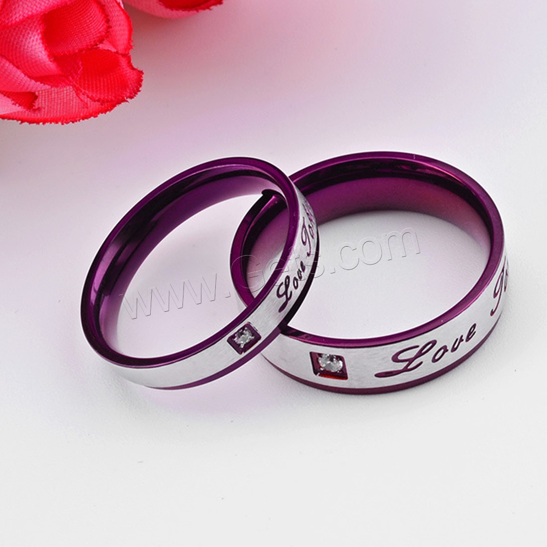 Couple Finger Rings, Titanium Steel, with Cubic Zirconia, plated, Unisex & different size for choice & with letter pattern & with cubic zirconia, 6mm,4mm, Sold By Pair