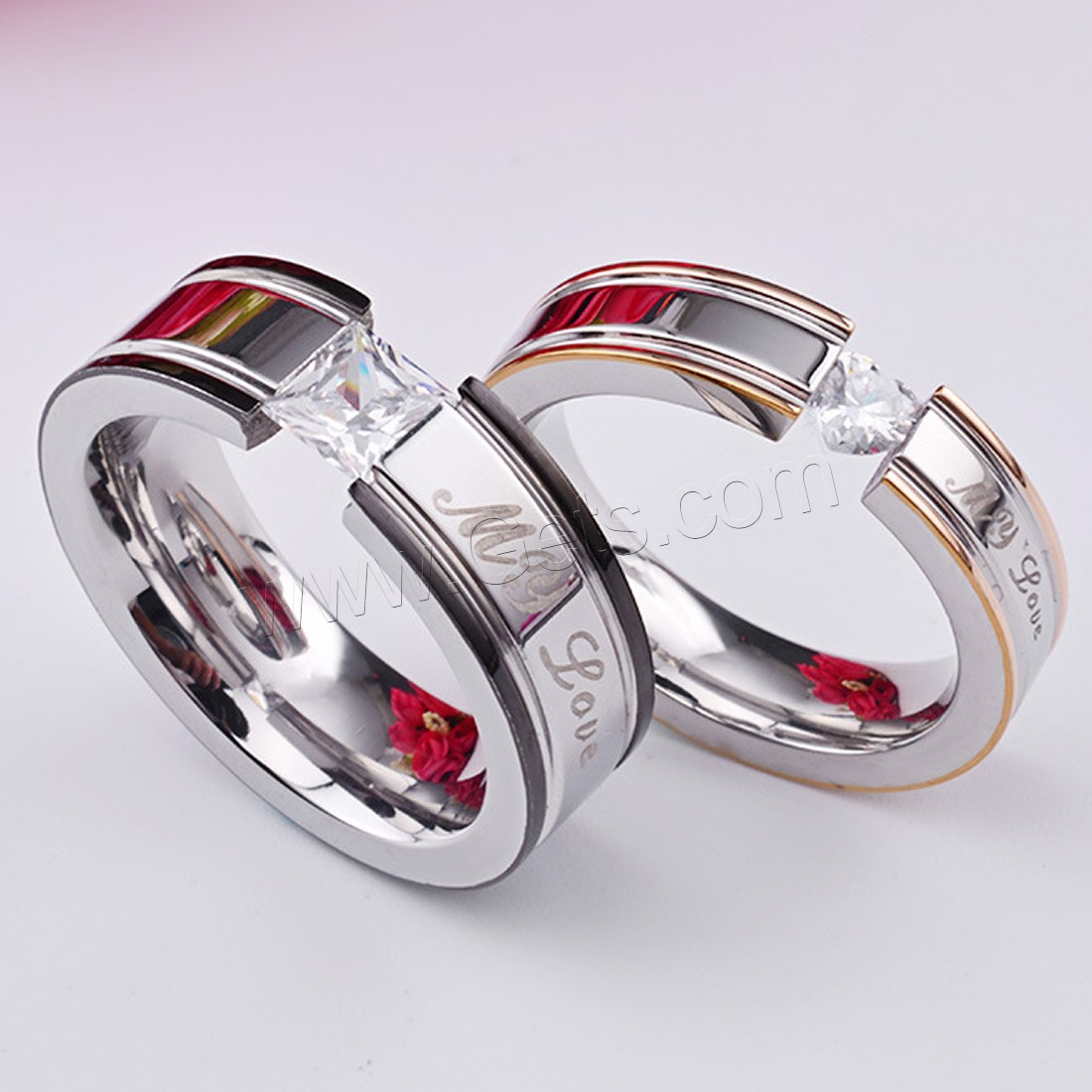 Couple Finger Rings, Titanium Steel, with Cubic Zirconia & Rhinestone, plated, Unisex & different size for choice & with letter pattern & with cubic zirconia & with rhinestone, 7mm,5mm, Sold By Pair