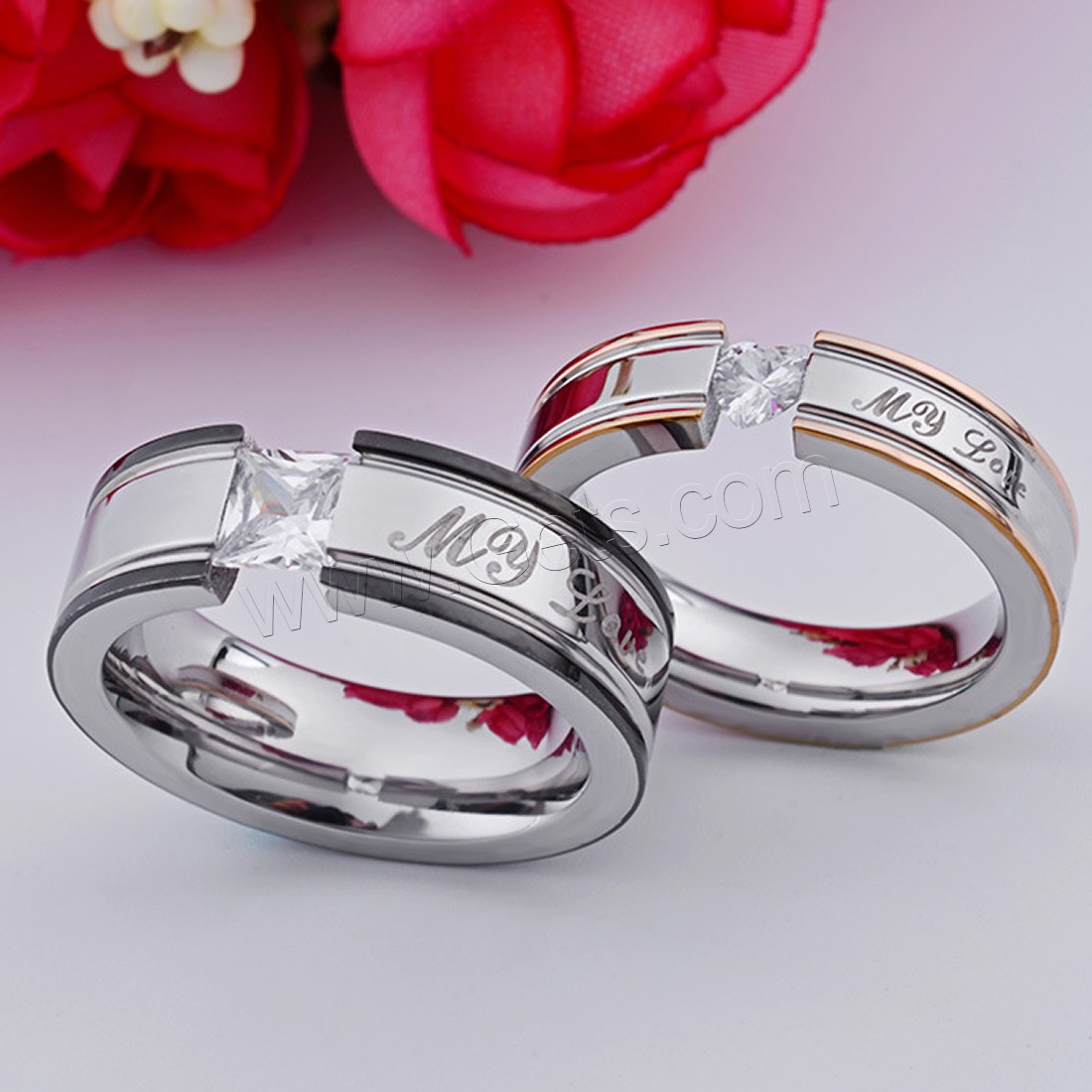 Couple Finger Rings, Titanium Steel, with Cubic Zirconia & Rhinestone, plated, Unisex & different size for choice & with letter pattern & with cubic zirconia & with rhinestone, 7mm,5mm, Sold By Pair
