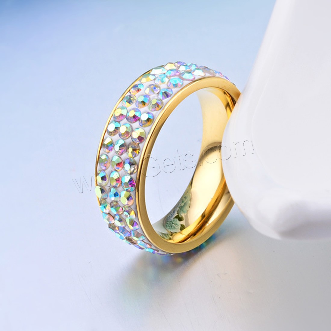 Titanium Steel Finger Ring, with Rhinestone, gold color plated, Unisex & different size for choice & with rhinestone, 7mm, Sold By PC