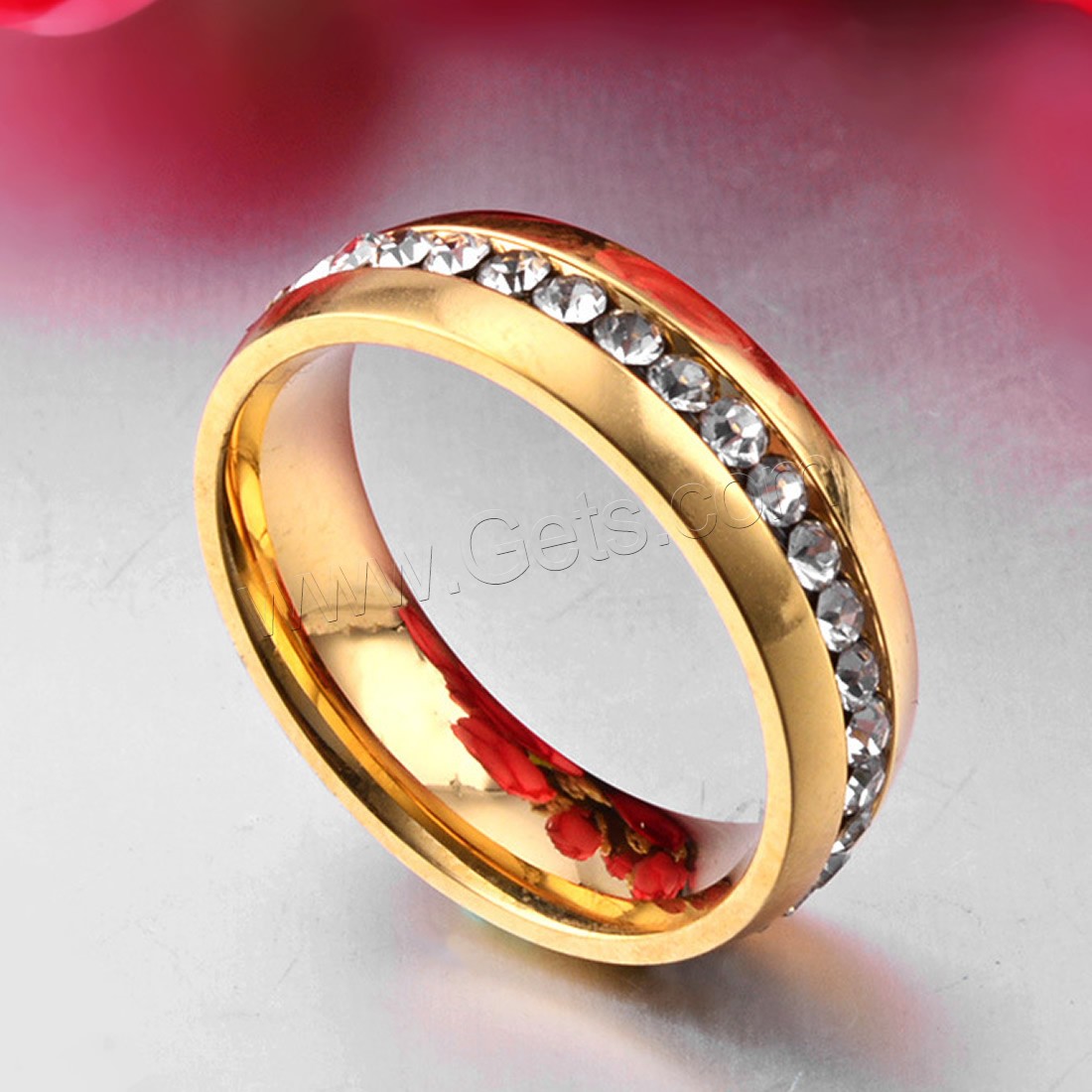 Titanium Steel Finger Ring, gold color plated, different size for choice & for woman & with rhinestone, 6mm, Sold By PC