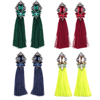 Fashion Tassel Earring, Zinc Alloy, with Nylon Cord & Crystal, brass post pin, plumbum black color plated, for woman & faceted & with rhinestone 