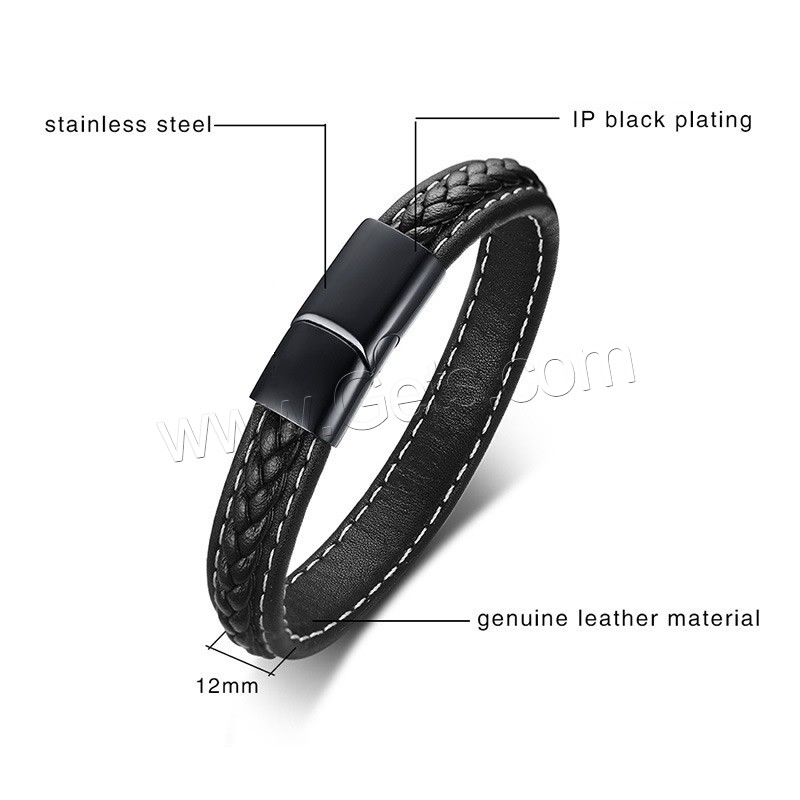 Cowhide Bracelet, stainless steel magnetic clasp, vacuum plating black​, different length for choice & for man, black, 12mm, Sold By Strand