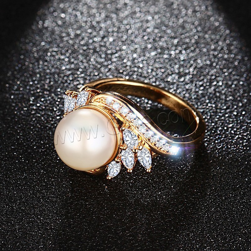 Cubic Zirconia Stainless Steel Finger Ring, Brass, with Glass Pearl, real gold plated, different size for choice & micro pave cubic zirconia & for woman, 3mm, Sold By PC