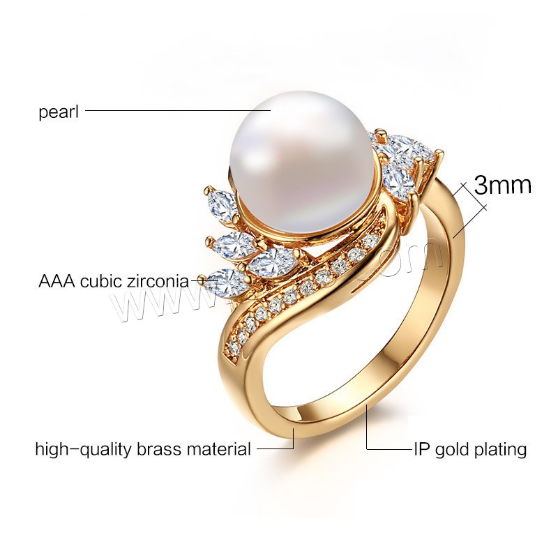 Cubic Zirconia Stainless Steel Finger Ring, Brass, with Glass Pearl, real gold plated, different size for choice & micro pave cubic zirconia & for woman, 3mm, Sold By PC