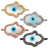 Evil Eye Jewelry Connector, Brass, with White Shell & Resin, Hamsa, plated, evil eye pattern & micro pave cubic zirconia & 1/1 loop Approx 1mm 