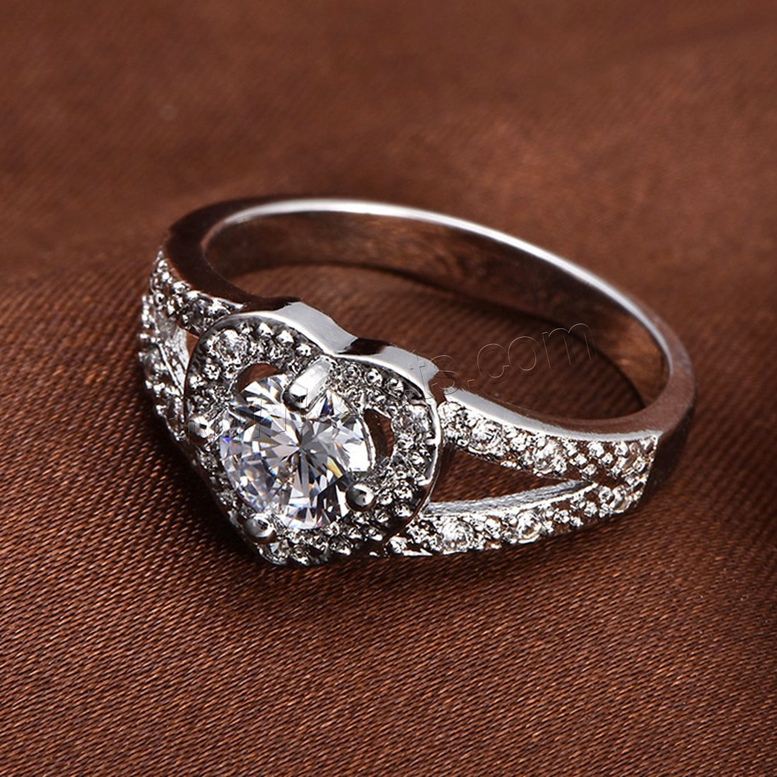 Кубический цирконий палец кольцо, Латунь, Сердце, покрытый платиной, разный размер для выбора & Женский & с кубическим цирконием, продается PC