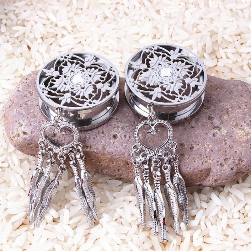 Stainless Steel Piercing Tunnel, Tassel, Unisex & different size for choice & with rhinestone, original color, Sold By PC