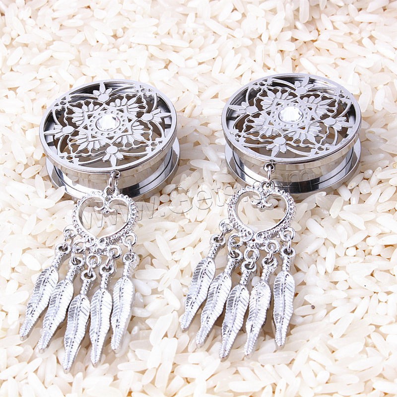 Stainless Steel Piercing Tunnel, Tassel, Unisex & different size for choice & with rhinestone, original color, Sold By PC