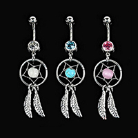 Stainless Steel Belly Ring, 316L Stainless Steel, with turquoise & Crystal, Dream Catcher, for woman & faceted 