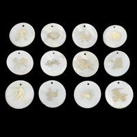 Natural Freshwater Shell Pendants, with Metal, Flat Round, Zodiac symbols jewelry  Approx 1.8mm 