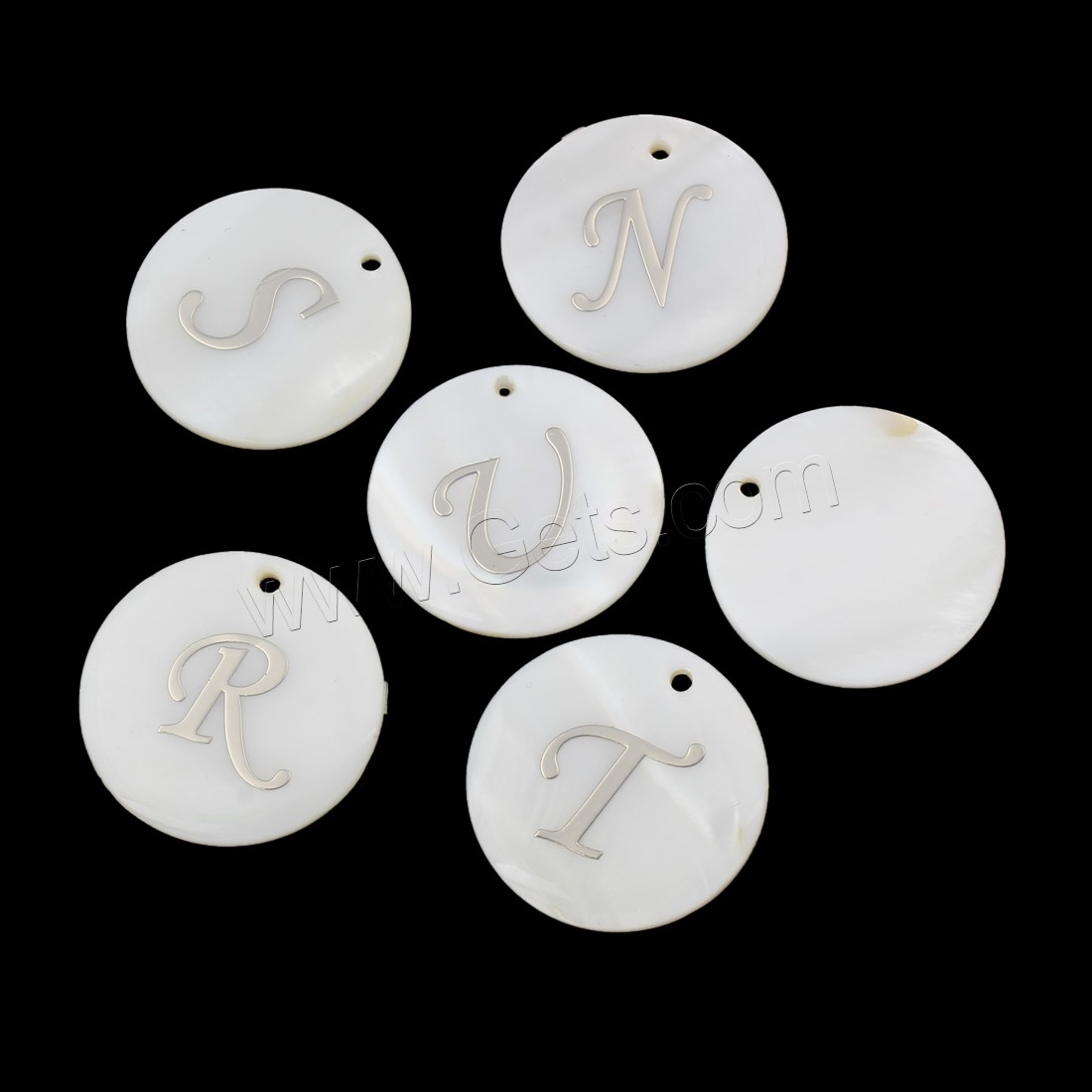 Natural Freshwater Shell Pendants, with Metal, Flat Round, letters are from A to Z & different size for choice & different designs for choice, Hole:Approx 1.8mm, Sold By PC