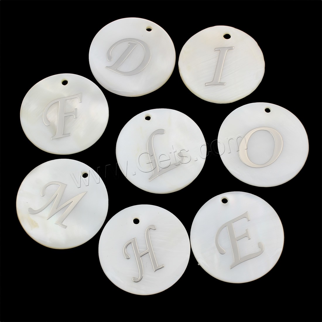 Natural Freshwater Shell Pendants, with Metal, Flat Round, letters are from A to Z & different size for choice & different designs for choice, Hole:Approx 1.8mm, Sold By PC