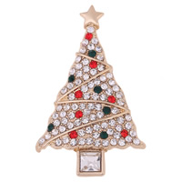 Broche de bijoux de Noël, alliage de zinc, avec cristal, arbre de noël, Placage de couleur d'or, unisexe & avec strass, sans plomb et cadmium Vendu par PC