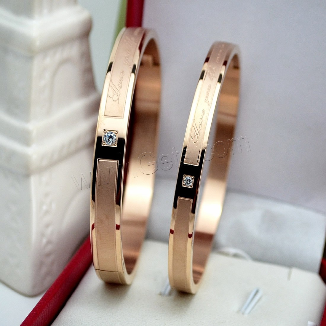 Stainless Steel Bangle, gold color plated, Unisex & different size for choice & with letter pattern & with rhinestone, Sold By PC