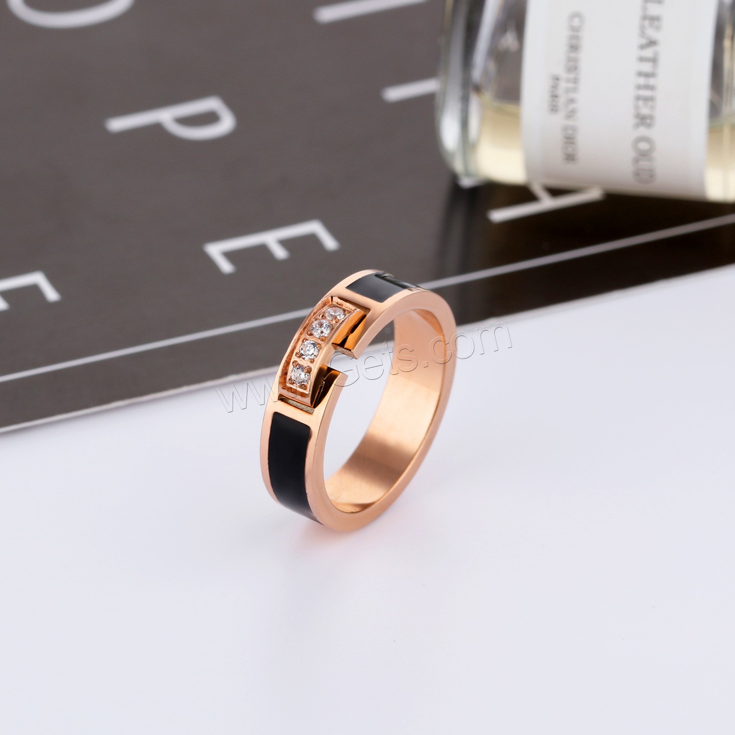 Титан Сталь палец кольцо, титан, плакированный цветом розового золота, разный размер для выбора & Женский & эмаль & с кубическим цирконием, 5mm, продается PC