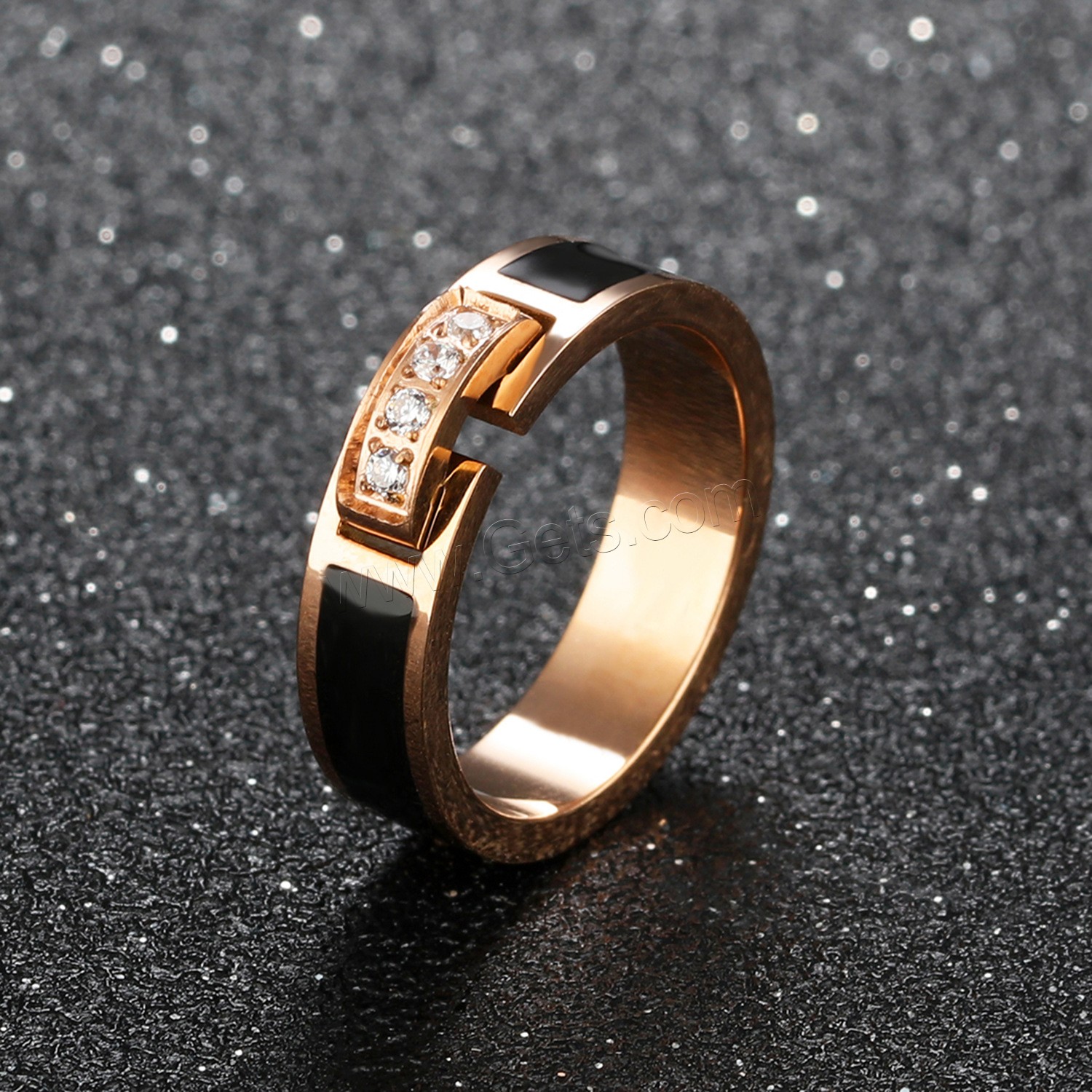 Titanium Steel Finger Ring, rose gold color plated, different size for choice & for woman & enamel & with cubic zirconia, 5mm, Sold By PC