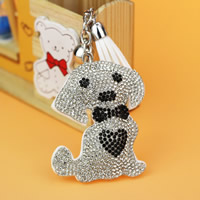 Rhinestone Zinc Alloy Key Chain, with PU Leather & Velveteen, Dog, platinum color plated, with rhinestone 