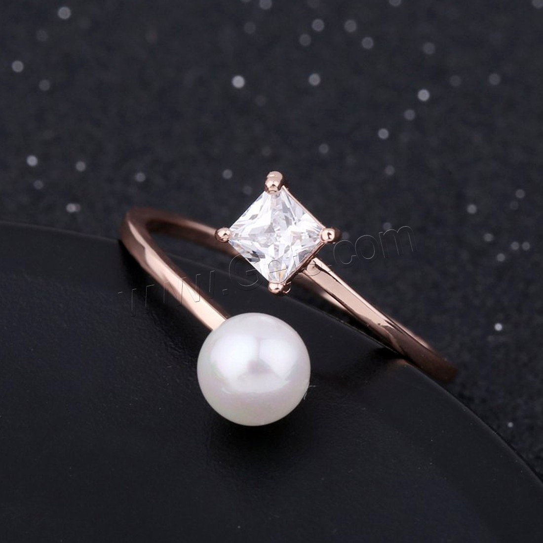 Brass Cuff Finger Ring, with Plastic Pearl, real rose gold plated, different size for choice & micro pave cubic zirconia & for woman, 4mm, Sold By PC