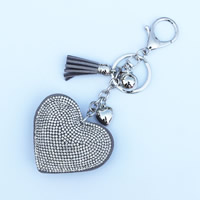 Rhinestone Zinc Alloy Key Chain, with PU Leather & Velveteen, Heart, platinum color plated, with rhinestone 