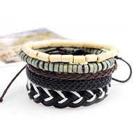 cuir PU Set de bracelet, avec Ciré Nylon & bois, bracelet tressé & unisexe & réglable, 60mm .6 pouce é, Vendu par fixé