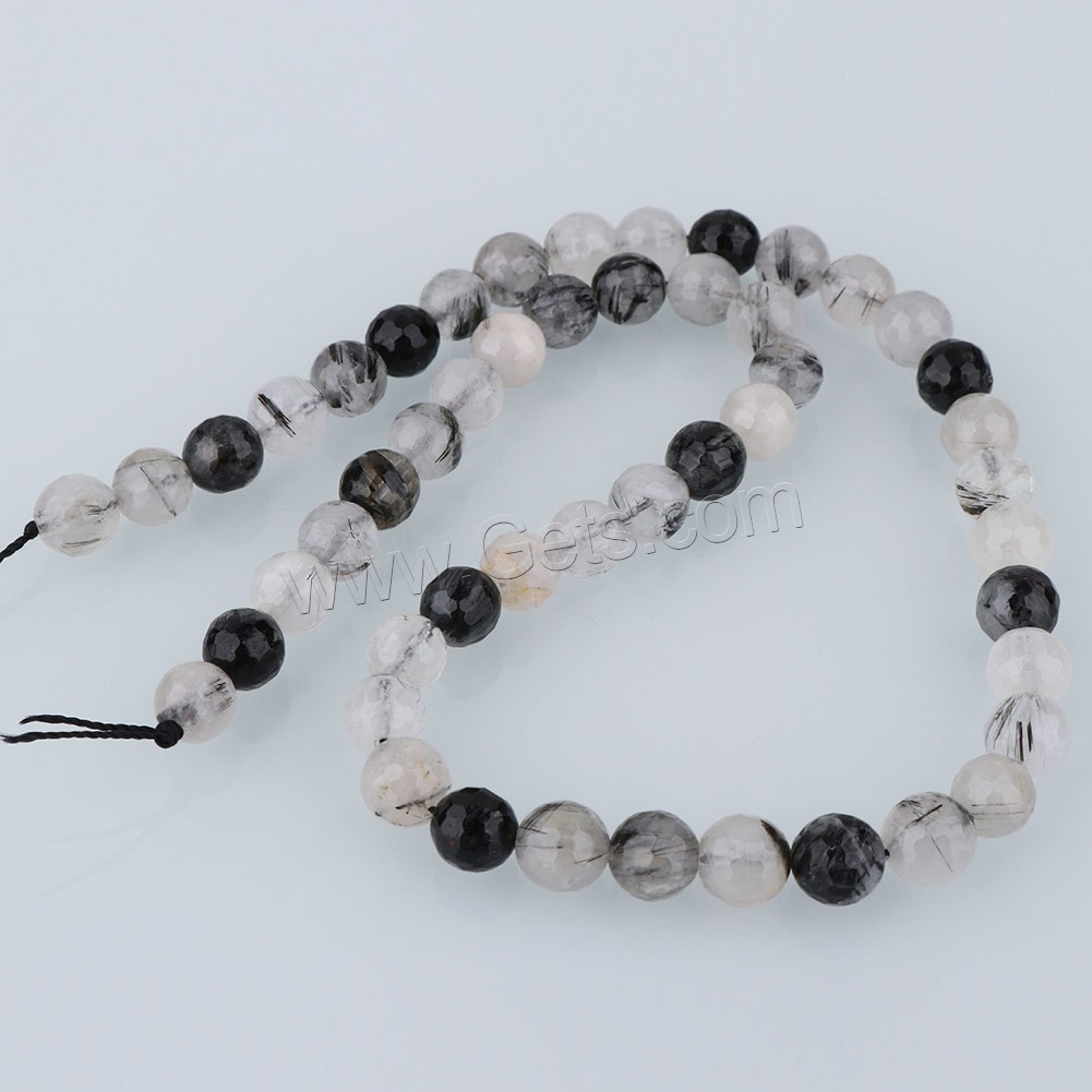 Schwarzer Rutilquarz Perle, rund, natürliche & verschiedene Größen vorhanden & facettierte, Bohrung:ca. 1mm, Länge:ca. 15.5 ZollInch, verkauft von Strang