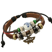 PU Leather Cord Bracelets, with Waxed Linen Cord & Porcelain & Non Magnetic Hematite & Wood & Zinc Alloy, plated, Unisex & adjustable & , 18cm Approx 7 Inch 