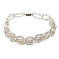Cultured Freshwater Pearl Bracelets, with Glass Seed Beads, for woman, white, 8-9mm Approx 7.5 Inch 