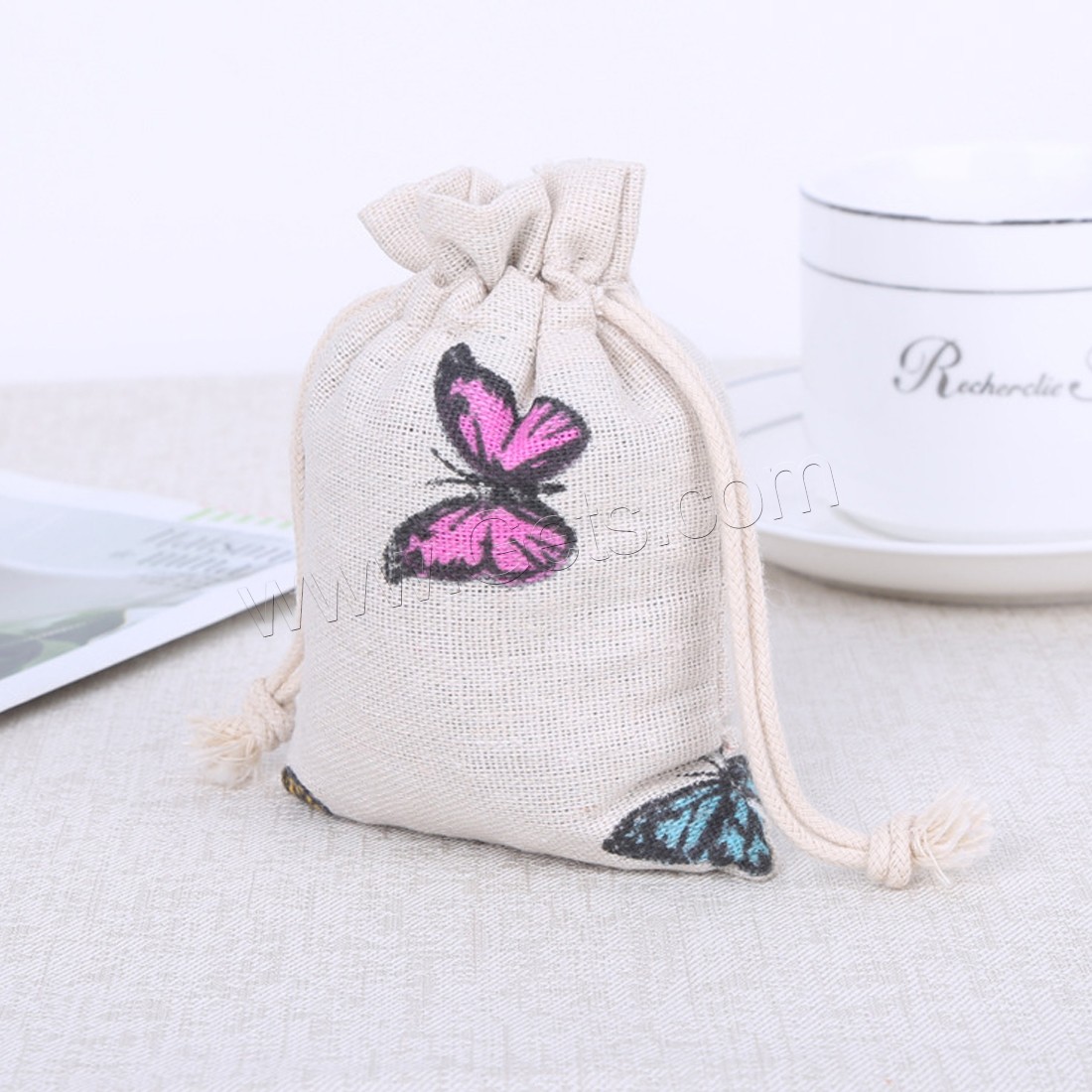 Cotton Jewelry Pouches Bags, Cotton Fabric, with Waxed Cotton Cord, with butterfly pattern & different size for choice, Sold By PC