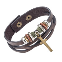 PU Leather Cord Bracelets, with Nylon Cord & Wood & Zinc Alloy, Cross, Unisex & adjustable & multi loops Approx 8.5 Inch 