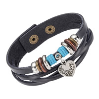 PU Leather Cord Bracelets, with Nylon Cord & Wood & Zinc Alloy, Heart, Unisex & adjustable & multi-strand Approx 8.5 Inch 