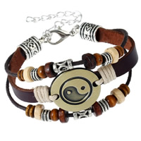 Cowhide Bracelets, Leather, with Nylon Cord & Wood & Zinc Alloy, with 7.5cm extender chain, ying yang & Unisex & , 265mm Approx 6.5 Inch 