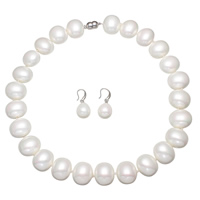Natural Freshwater Pearl Jewelry Sets, earring & necklace, stainless steel post pin, for woman, white  Approx 15 Inch 
