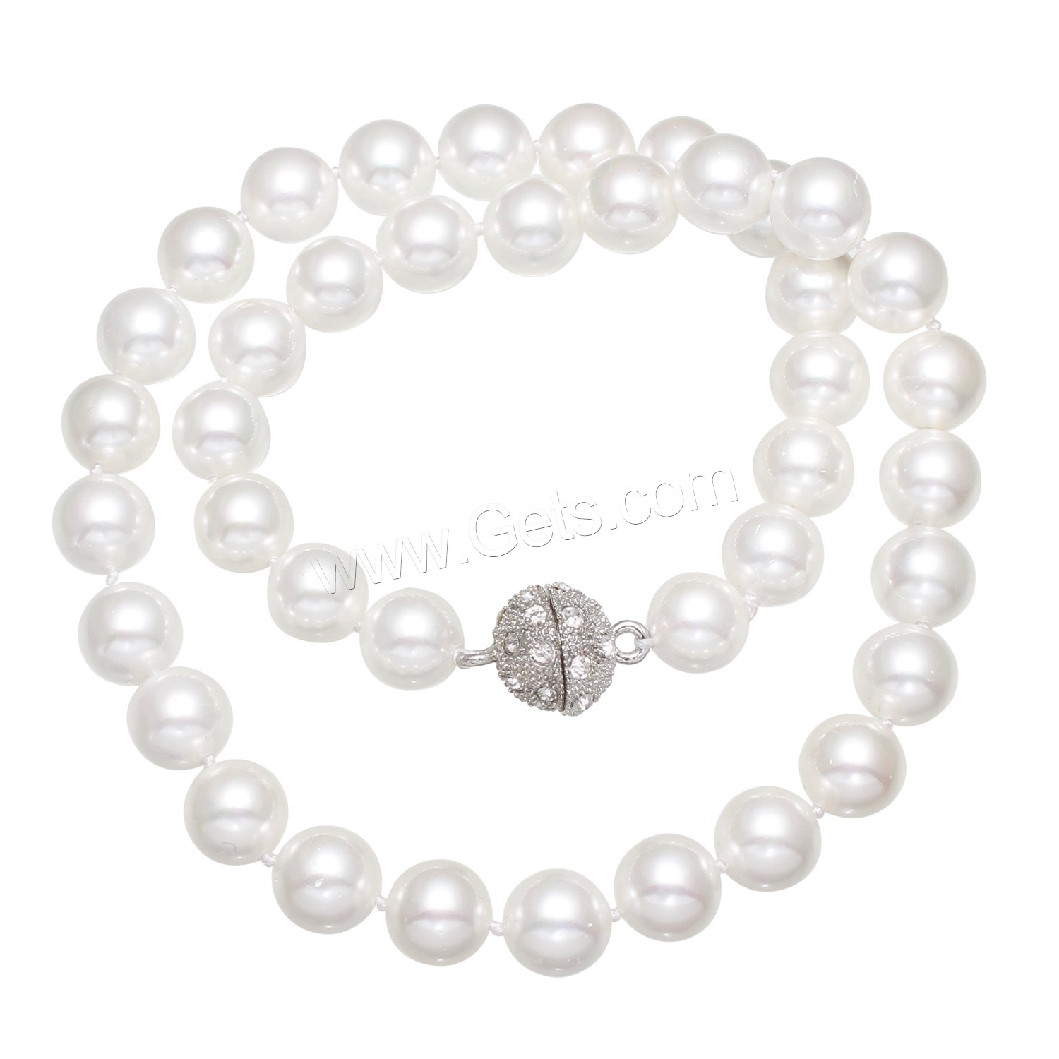 Bijoux de perle d'eau douce naturelle, coquille de mer du sud, avec alliage de zinc, Rond, pour femme & avec strass, blanc, 8mm Environ 17.5 pouce, Vendu par brin