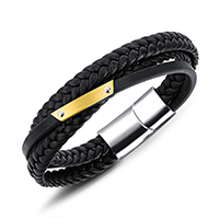 Titanium Steel Bracelet & Bangle, PU Leather, with Titanium Steel, plated, multilayer & for man, black, 25mm 